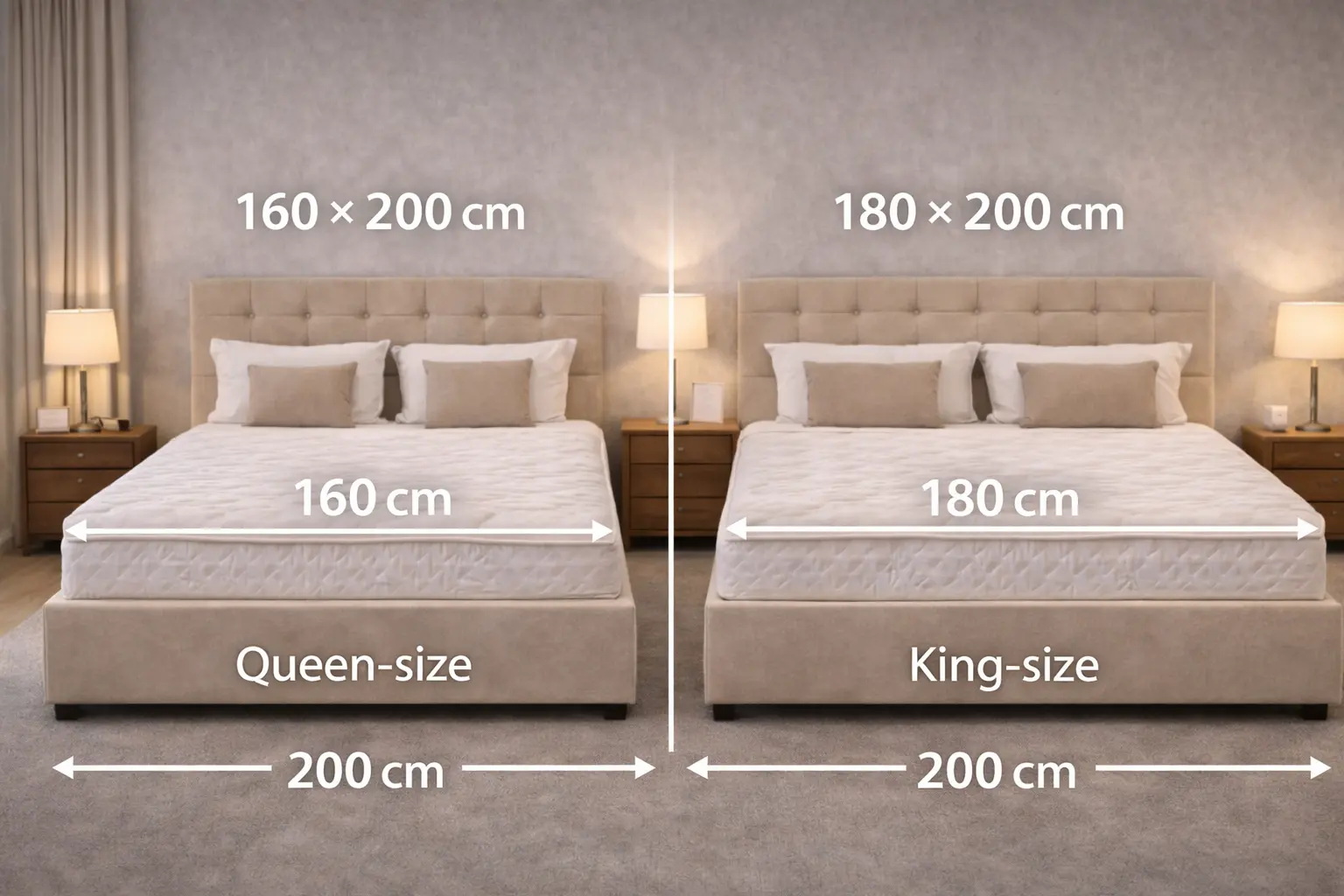 Çift kişilik yatak modellerini gösteren modern yatak odası görseli