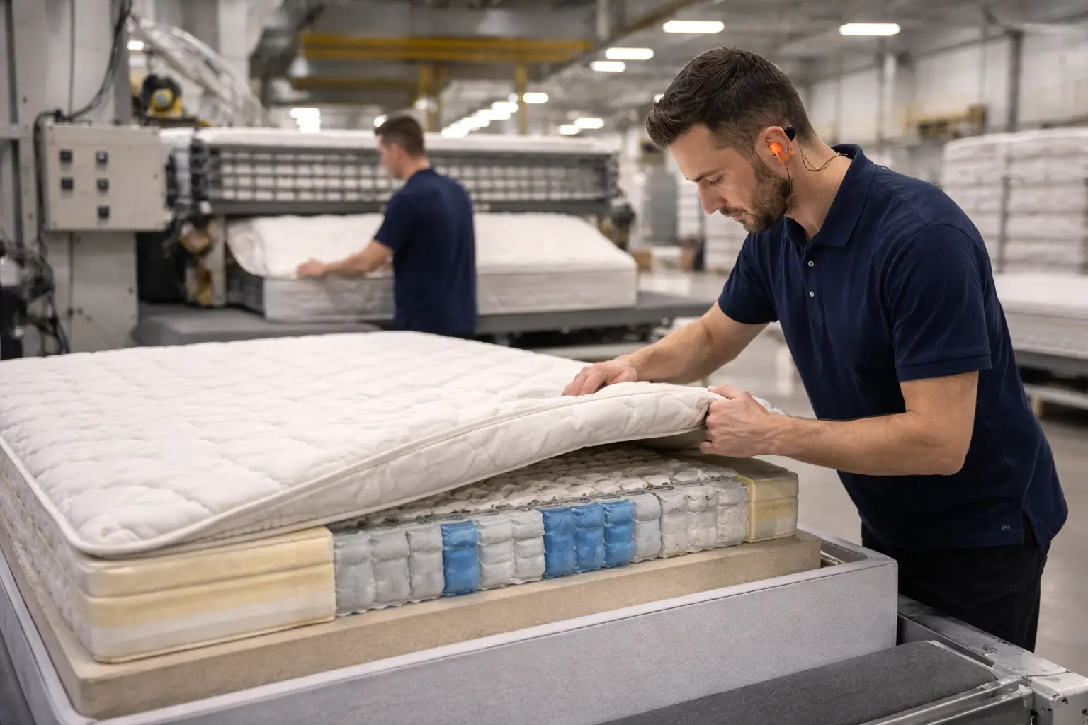 Fabrikada yatak üretim sürecini gösteren görsel