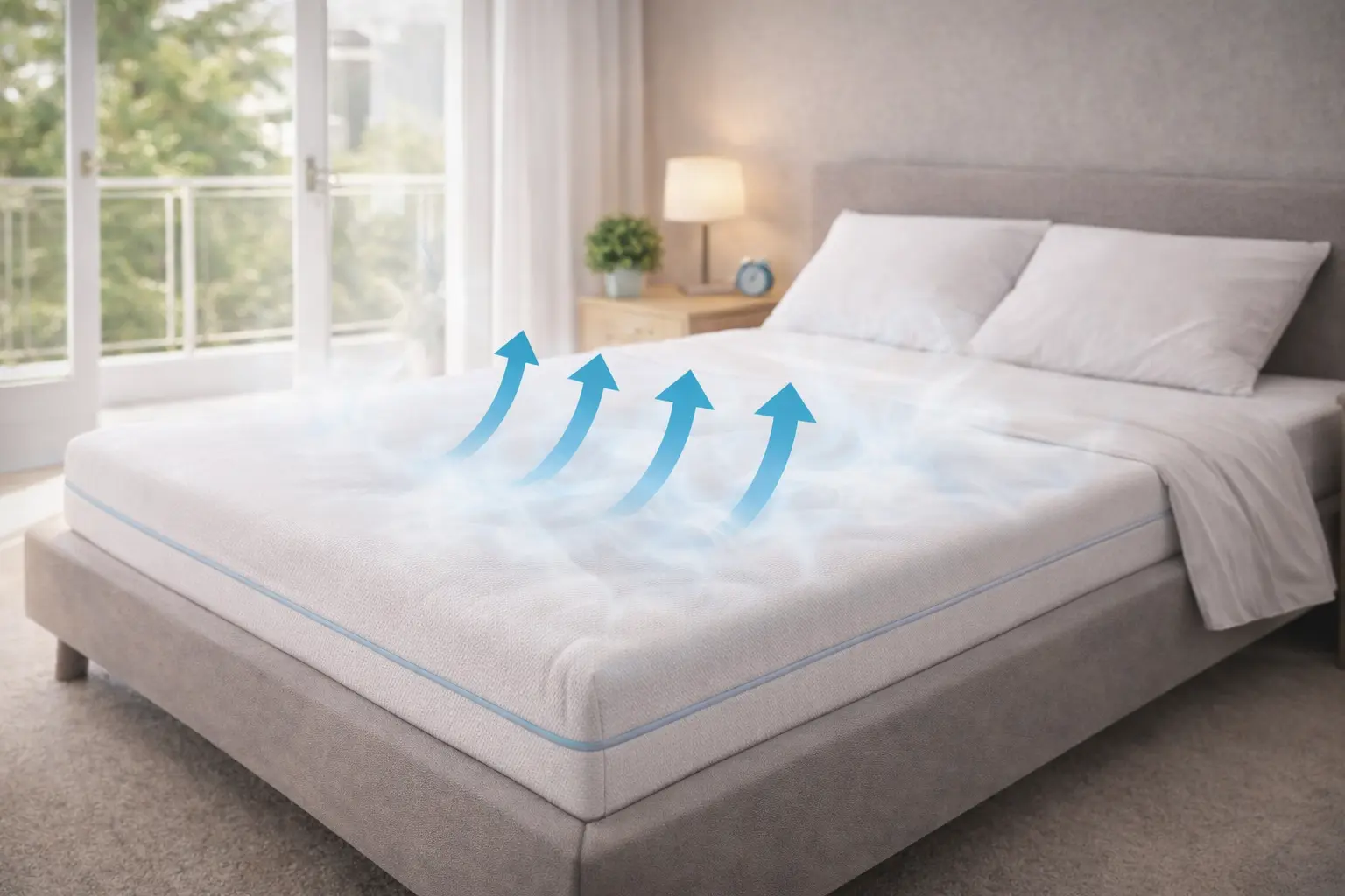 Terletmeyen yatak seçimini temsil eden ferah yatak odası görseli