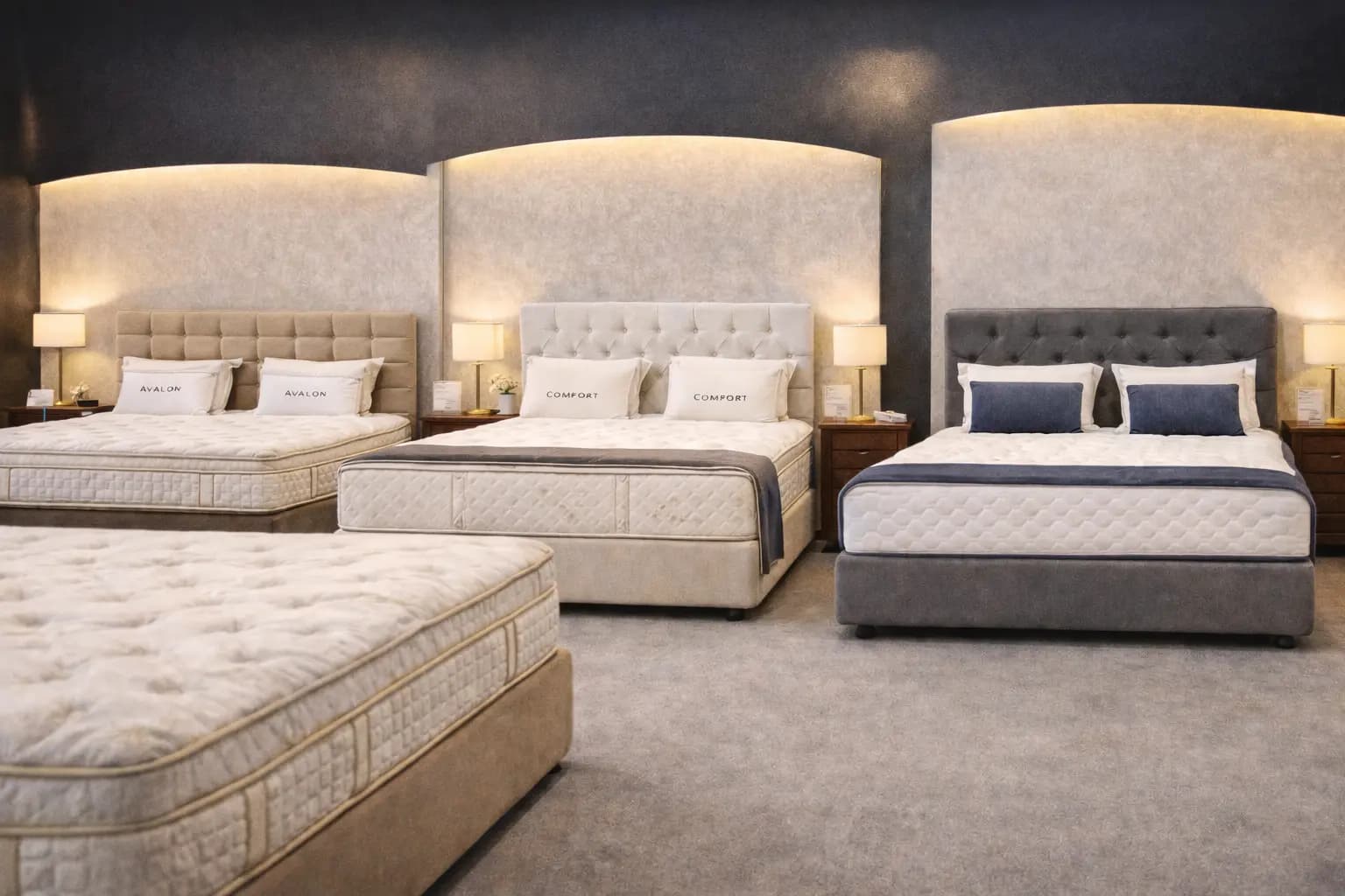 Yatak mağazasında farklı ürün segmentlerini gösteren görsel