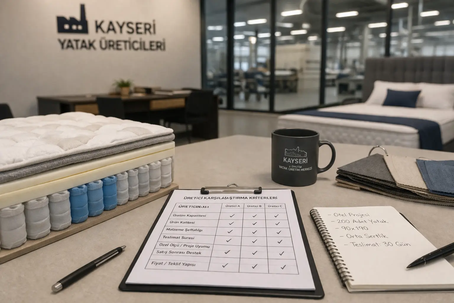 Yatak üretiminde kalite kontrol sürecini gösteren görsel